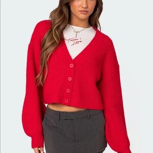 Edikted Red Cropped V-Neck Button Cardigan